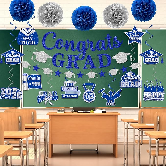 Graduation Decorations 2026, Glitter Congrats Grad Banner Hanging Swirls and Tissue Pom Poms, Silver and Blue Graduation Decorations for Class of 2026 College Graduations Party Decorations