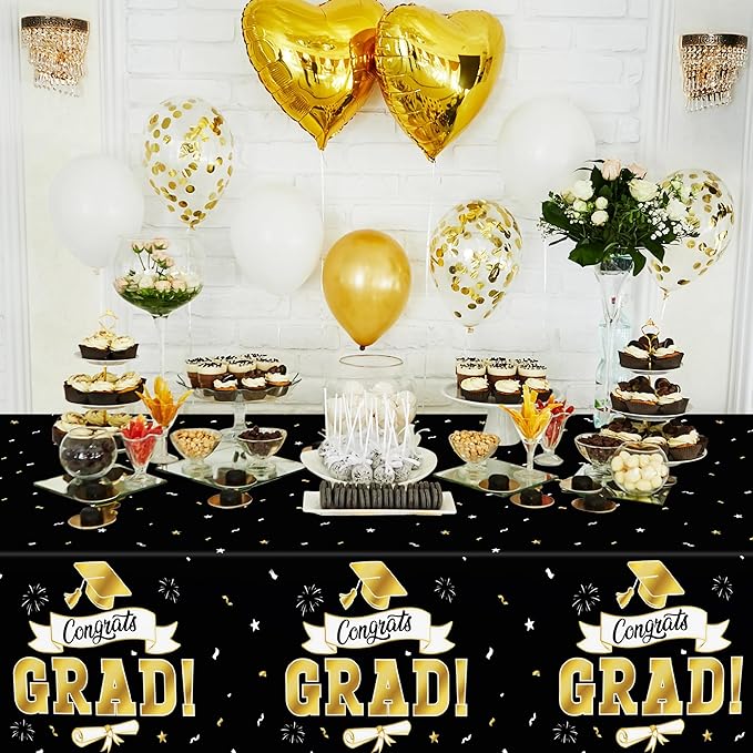 2Pack Graduation Decorations 2026, 108" X 54" Graduation Tablecloth, Blackgold Rectangle Class of 2026 Table Cloths, Disposable Plastic Congrats Grad Tablecover for Grad Party Favors Supplies
