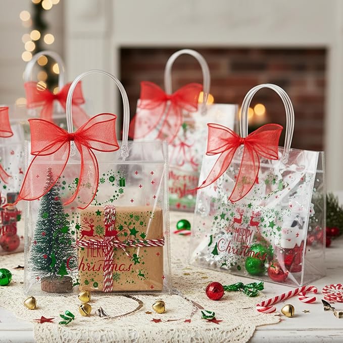 Henoyso 12 Pcs Christmas Clear Gift Bags Plastic Candy Treat Goodie Bags Red Foil Santa PVC Wrap Totes with Handles and Ribbon Xmas Party Favors (Merry Christmas,7.8 x 7.8 x 3.1 Inch)