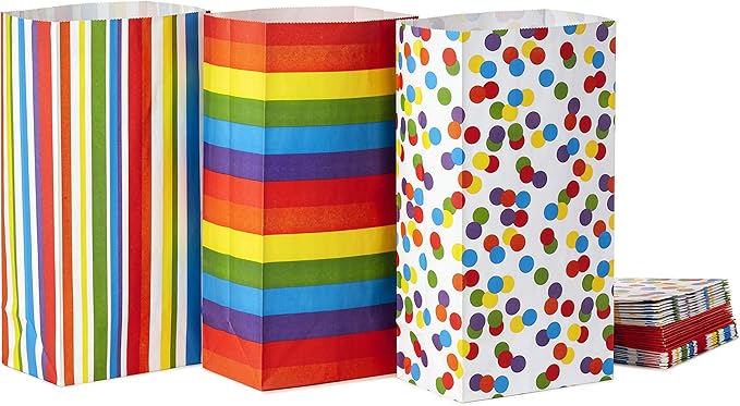 Hallmark Celebrate Rainbow Party Favor and Wrapped Treat Bags (30 Ct., 10 Each of Vertical Stripes, Horizontal Stripes, Dots) for Birthdays, Baby Showers, School Lunches, Care Packages, May Day
