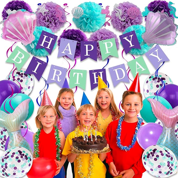 Mermaid Birthday Decorations for Girls Women 29pcs Party Supplies Including Pom Poms Flowers Happy Birthday Banner Dots Garland Hanging Swirls and Balloons Purple Teal Confetti