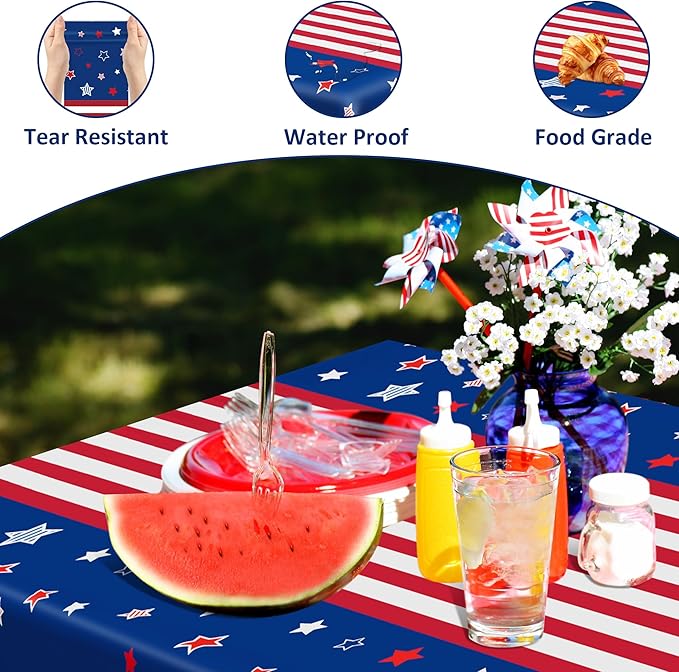QZYL 4 Pack 4th of July Decorations, 54" x 108" USA Plastic Table Cloth, Tear Resistant Patriotic Tablecloth Fourth of July Tablecloths American Tablecover, Red White Blue Party Supplies