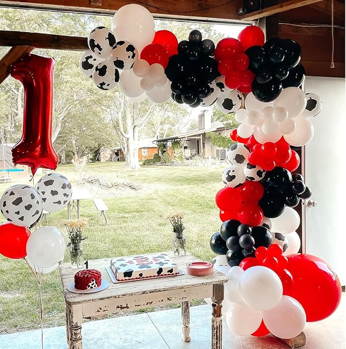 Cowboy Balloons Arch Kit- 150pcs Red Black White and Cow Print Balloons for Rodeo Themed Cowboy Cowgirl's Birthday Party Decorations - Farm Animal Party Supplies