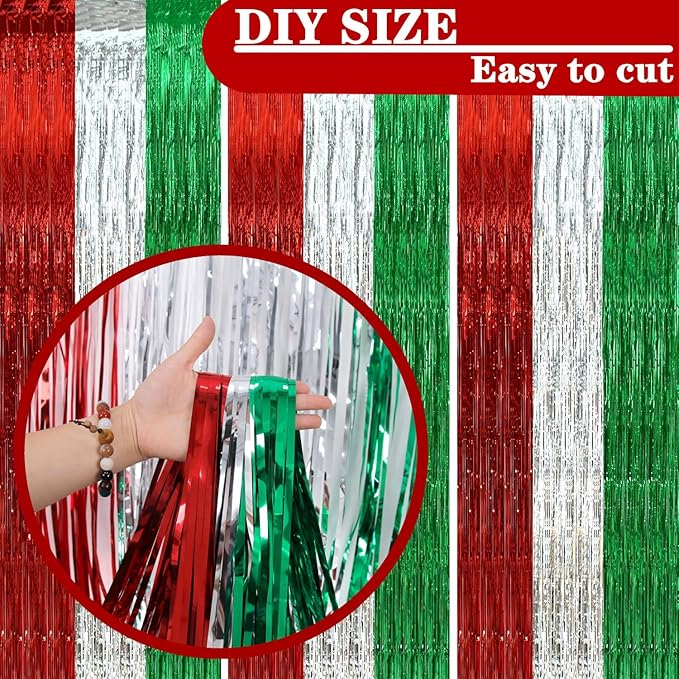 3 Pack Christmas Foil Fringe Curtains, 3.3 x 6.6 ft Red Silver Green Tinsel Fringe Party Photo Backdrop for Christmas, New Year,Ugly Sweater Party Decorations