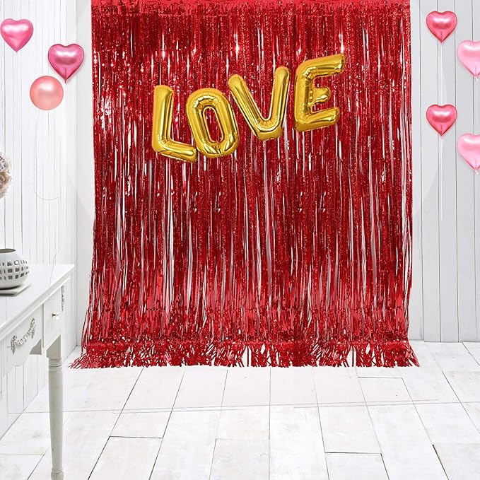 Metallic Tinsel Curtains, 2 Pack 3x8ft Foil Fringe Backdrop for Birthday & Graduation Decorations, Red