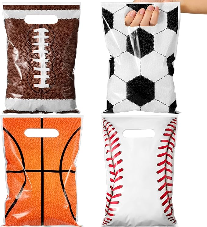 Funrous 100 Pcs Football Sports Party Favor Bags Soccer Candy Gift Plastic Goodie Treat Bags Bulk with Handles for Baseball Basketball Theme Event Gift Bag Birthday Supplies Decorations