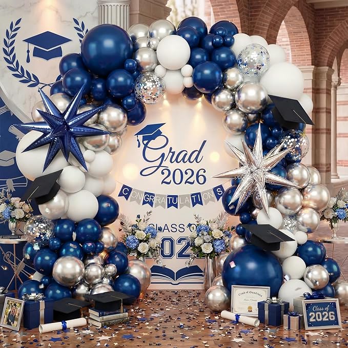 152 pcs Blue White Silver Balloon Garland Arch Kit,Navy Blue Silver Confetti Balloons with Exploding Star Balloons for Graduation Class of 2026 Birthday Wedding Retirement Party Decorations