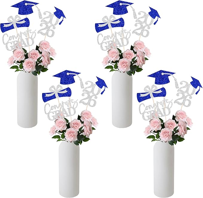 Gexolenu 16 PCS Silver and Blue Double-Sided 2026 Graduation Centerpieces for Tables, 2026 Table Toppers Party Centerpiece Sticks Party Supplies, Graduation Party Decorations Class of 2026, Set of 4