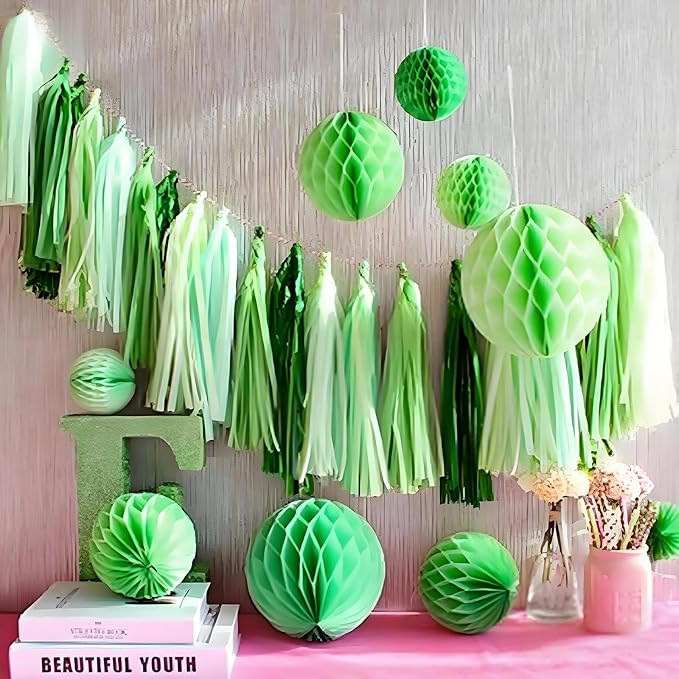 Green Paper Tassel Garland Banner - Tri-Color Handmade Tassels for Party Decorations, Wedding Backdrop, DIY Crafts (30-Pack)