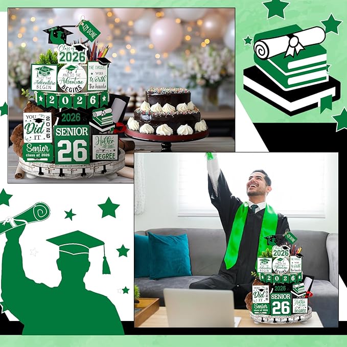 22 Pcs 2026 Graduation Tiered Tray Decor Sets Wooden Graduation Class of 2026 Table Decorations Senior 2026 Gown Diploma Farmhouse Signs for Home Shelf Party Office Desk(Green)