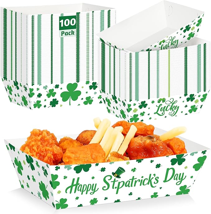100 Pcs St. Patricks Day Paper Food Trays, Disposable Shamrock Food Trays, Green Snack Serving Plates, Irish St. Patricks Day Decorations Food Boats Irish Party Favors for Green Shamrock Celebration