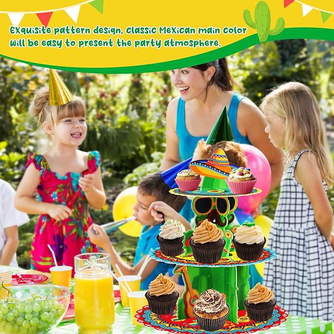 Fiesta Party Decorations - 3 Tier Mexican Birthday Party Cupcake Stand & Topper - Cactus Fiesta Cupcake Holder Display - Cinco De Mayo & Baby Shower Supplies