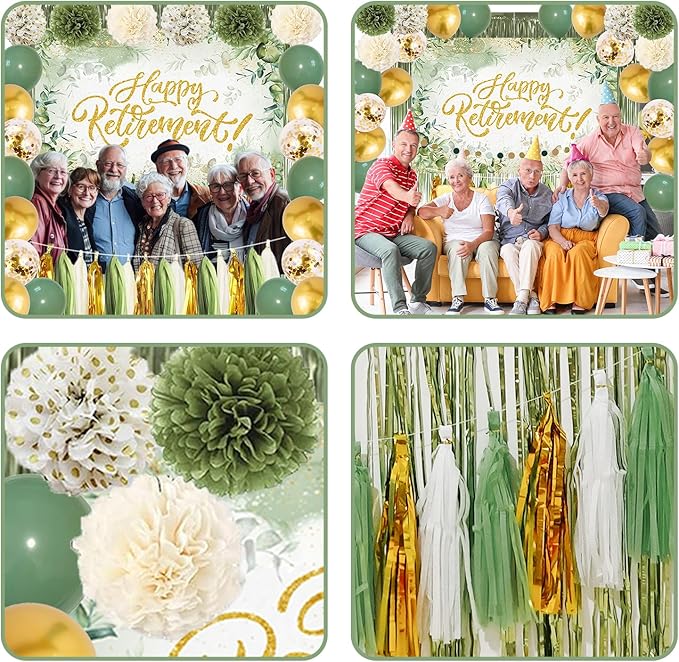 Sage Green Retirement Party Decorations - Happy Retirement Banner, Foil Curtains, Backdrop, Tissue Paper Pom Poms, Latex and Confetti Balloons