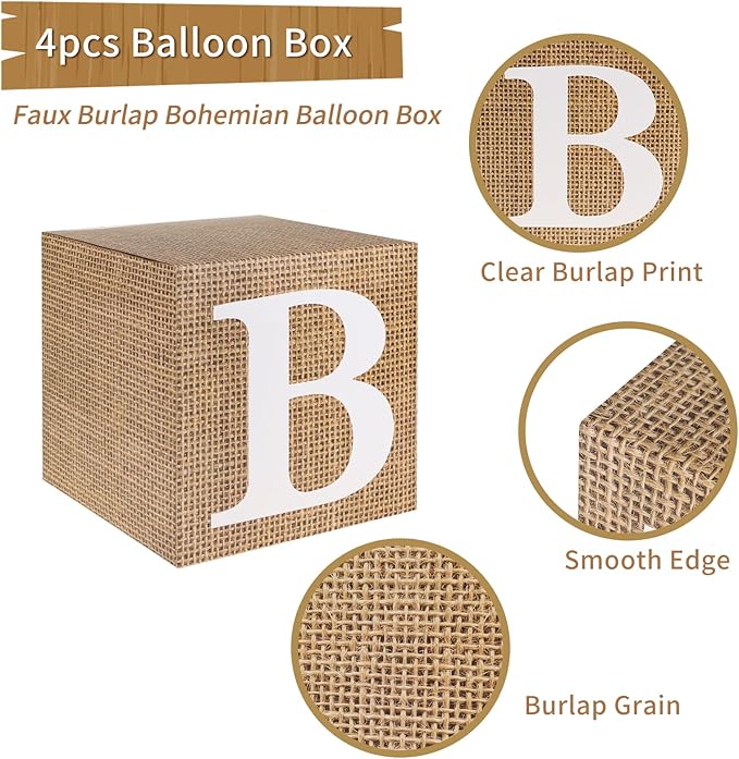 RUBFAC Burlap Print Baby Boxes with Letters for Baby Shower, 4pcs Rustic Farmhouse Style Boho Balloon Boxes with Burlap Grain for Birthday Gender Reveal Decoration Backdrop Photo Props