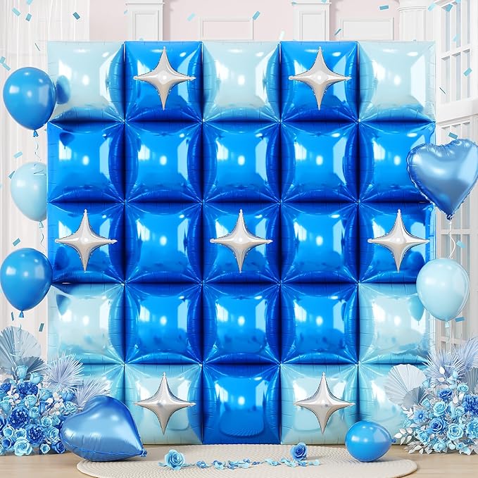 32PCS Navy Blue Light Blue Square Foil Balloons Wall with Silver Star Foil Balloon, Double Sided Metallic Blue Silver Balloon Backdrop Tunnel Arch for Under the Sea Ocean Birthday Graduate Baby Shower