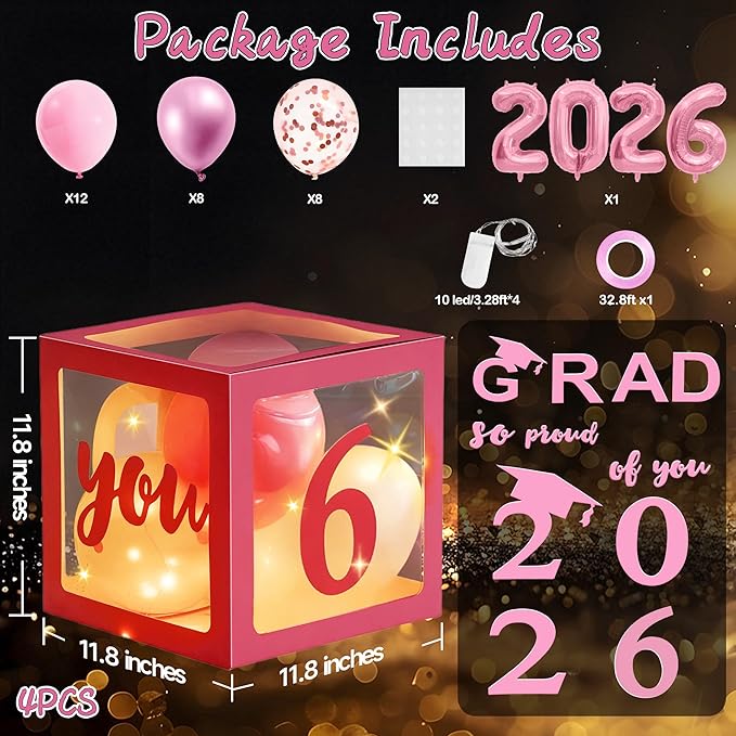 AYGXU Graduation decorations class of 2026 pink- Graduation Decorations, Balloons Box (4PCS) with letters&balloons,2026 balloons,LED String Light,graduation party decorations