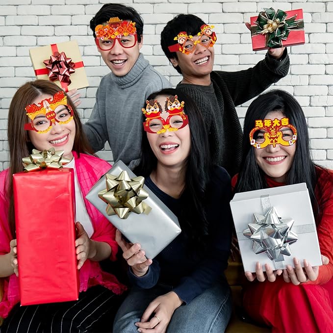 12PCS Lunar New Year Glasses, Funny Chinese New Year Paper Eyeglasses Photo Booth Props Spring Festival Eyeglasses Frames for Year of the Horse Party Supplies 2026