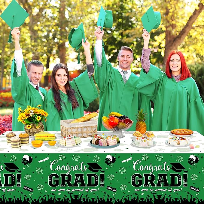 3 Pack Graduation Tablecloth Party Decorations, Class of 2026 Congrats Grad Plastic Tablecover Party Supplies, Green Rectangle Graduation Table Decorations for College High School Party, 54 x 108 Inch