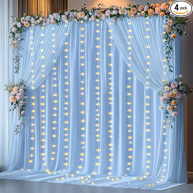 20 x 10ft Baby Blue Backdrop Curtains with Lights String for Baby Shower Photo Backdrop Drapes Wrinkle Free Polyester Long Curtains for Parties Wedding Reception Bridal Shower Ceremony-5 x 10ft 4Panel