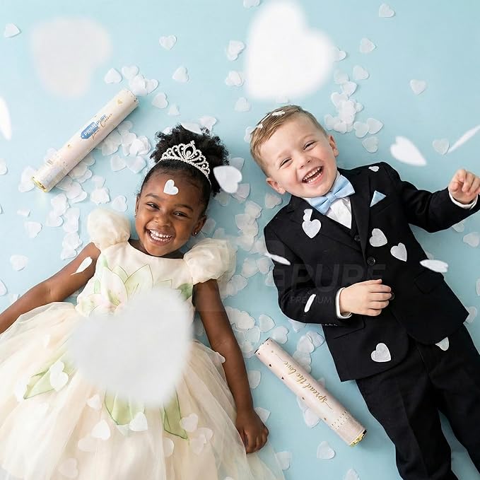 PrimePure Confetti Cannon Party Poppers - Biodegradable White Heart Confetti Poppers - 2 Pack - White Paper Hearts Pop Gun for Wedding Send Off, Bridal Shower, Birthday, Parties