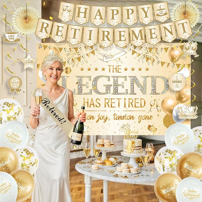 Roetyce Retirement Party Decorations Women, Champagne Gold Happy Retirement Banner Backdrop Balloons Hanging Swirls for Coworker, Gold Lengend Has Retired Sash & Crown, Office Retired Background