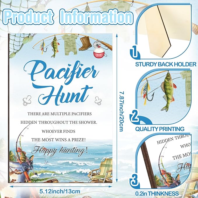 Thyle 51 Pcs Fishing Pacifier Hunt Baby Shower Games a Little Fisherman Is on The Way Theme Baby Shower Game Decoration Include Hunt Sign and Acrylic Pacifiers Fish Themed Gift Sets for Gender Reveal