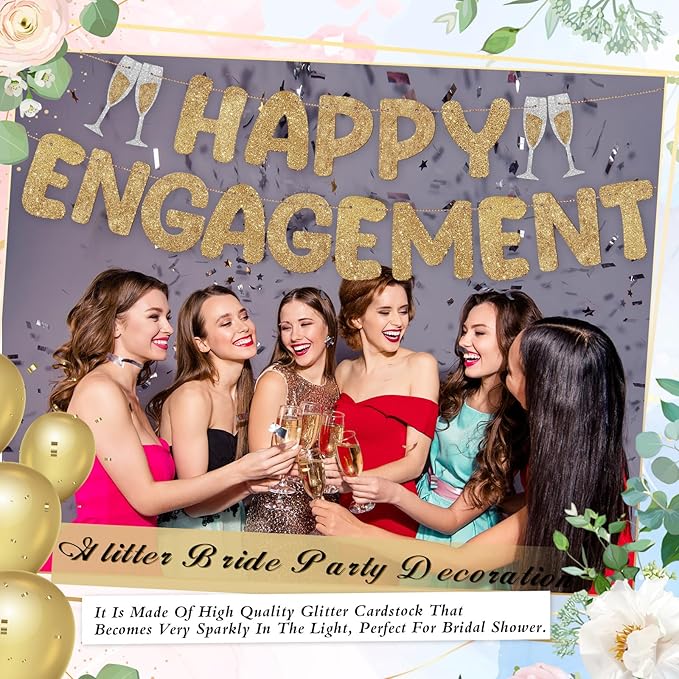 Breling Pre Strung Happy Engagement Banner Glitter Engagement Party Decorations for Congratulations Engaged Wedding Shower Signs Decor(Champagne Gold)