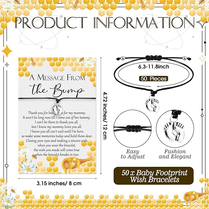 Thyle 50 Set Bee Baby Shower Favors for Guests Adjustable Bracelets with Message from the Bump Card Footprints Charm Baby Shower Bracelets for Gender Reveal Thank You Gifts