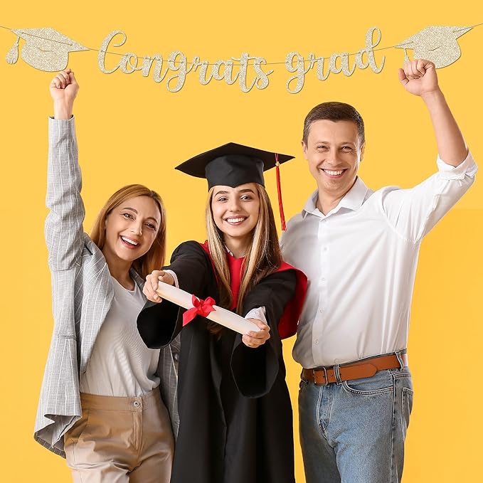 Graduation Banner - 9 ft Pre-Strung Congrats Grad Banner, Graduation Party Decorations & Decor for Elementary, 5th Grade, 8th Grade, High School, College, Congrats Grad Sign
