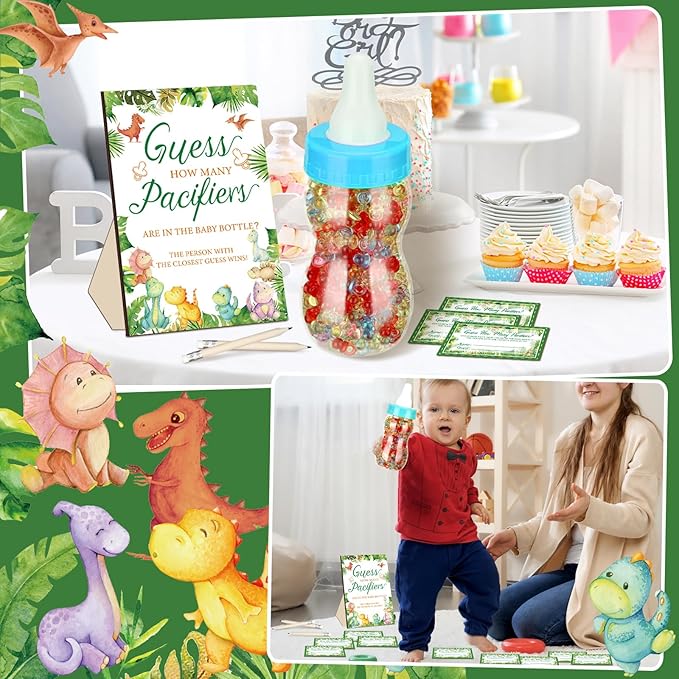 Syhood Dinosaur Baby Shower Game Guess How Many Pacifiers Games Sign 50 Small Guessing 20 HB Pencils 750 ml Milk Bottle 400 Acrylic Pacifiers Decorations Guests Gender Reveal Party Favors