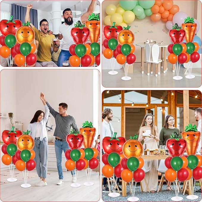 4 Sets Vegetable Fruit Party Balloons Stand Kit with Smiling Carrot Strawberry Foil Balloons Tables Centerpiece Smiling Orange Tomato Balloon for Vegetable Fruits Farmers Market Parties Decorations