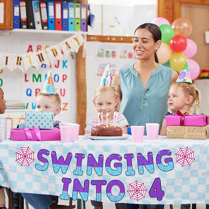 TaoBary Spider Theme 4th Birthday Banner, Pre-strung Swinging into 4 Banner, Spider 4th Birthday Decorations Party Supplies for Kids, Fourth Decor for 4 Year Old Boys Girls(Pink and Purple)