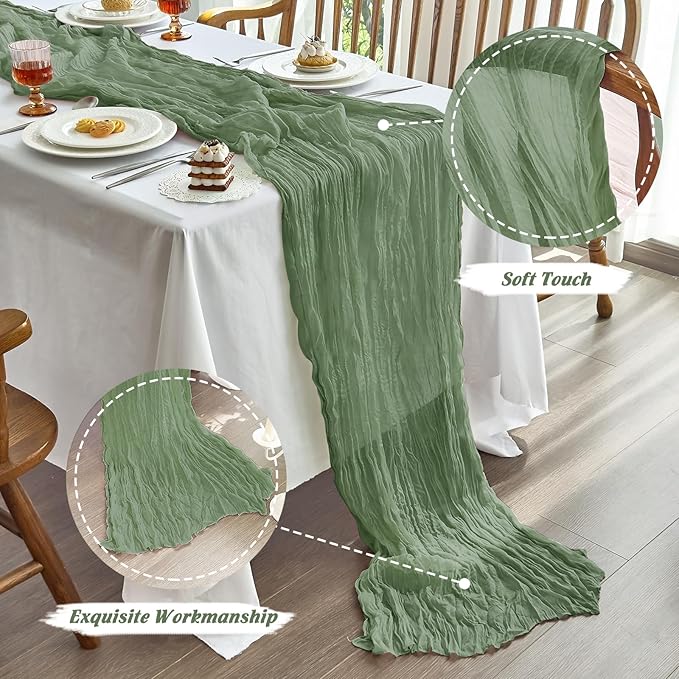 IVAPUPU 10 Pcs Cheesecloth Table Runner - 10ft Sage Green Easter Spring Boho Gauze Cheese Cloth Table Runners for Baby Shower Decoration Wedding Party Garden Farmhouse