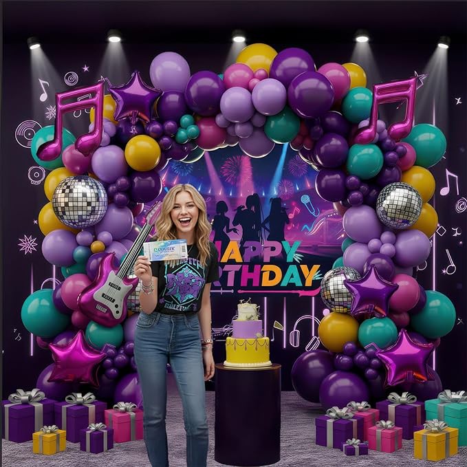 Purple pink teal kpop theme Balloon Arch Garland Kit with backdrop Musical symbols Disco Star mylar balloons for kpop music Birthday Decorations Y2K Concert Movies Tv fans Party Supplies