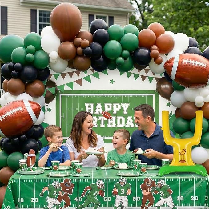 Football Balloon Garland Arch Kit dark green brown Balloons with backdrop Goal Post Mylar Balloons for Sports Birthday Boys first year touch down party decorations