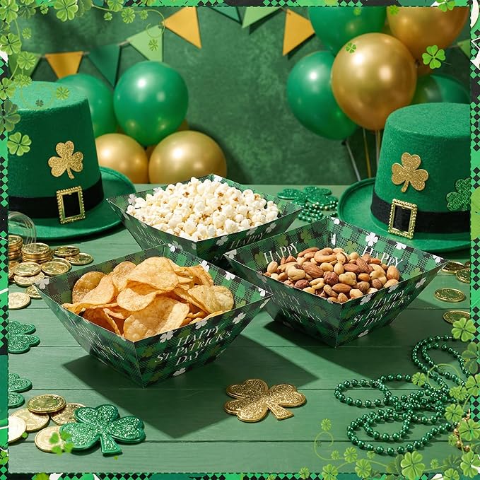 Marspark 24 Pcs St. Patricks Day Popcorn Boxes Paper St. Patrick's Food Trays Green Shamrock Snack Serving Trays Decorations Irish Disposable Paper Platters for Cookie Holiday Party Supplies Family