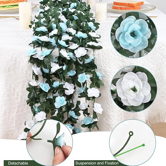 MARTINE MALL Flower Garland - 8 Strands 66Ft Rose Vines for Bedroom, Blue and White Rose Floral Garland for Room Birthday Wedding Party Garden Wall Decor