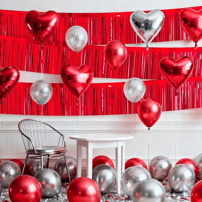 4 Packs Foil Fringe Garland Tinsel Streamers Shiny Wall Hanging Birthday Banner Backdrop for Graduation Wedding Anniversary Celebration Happy Birthday Party Decorations Red