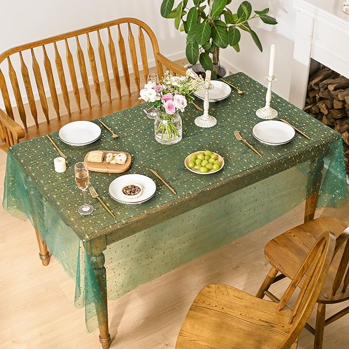 Horaldaily Green Gold Sparkling Star Gauze Tablecloth 60x104 Inch Rectangular, Golden Star Sequin Glitter Metallic Foil, Sheer Tulle Cheesecloth for Wedding Baby Shower Party