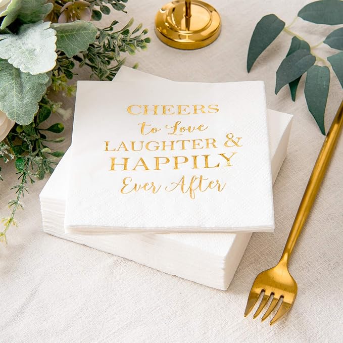 Crisky 3-Ply 50 Count Bridal Shower Napkins Disposable Cocktail Napkins Gold Foil Text Beverage Napkins for Engagement Party Decorations & Wedding Shower