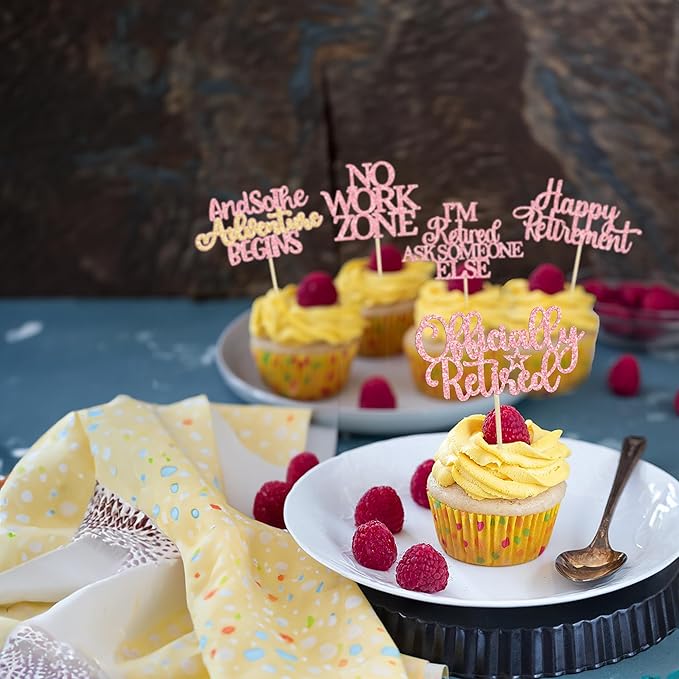 Gyufise 30Pcs Happy Retirement Cupcake Toppers Officially Retired Cake Toppers No Work Zone Adventure Begins Cupcake Picks for Retirement Theme Farewell Birthday Party Decorations Supplies Pink