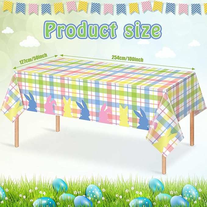 6Pcs Spring Easter Buffalo Plaid Checkered Tablecloth Decorations,Plastic Bunny Watercolor Pink Blue Yellow Green Pastel Disposable Table Cover for Spring Birthday Easter Party Supplies,54 x 108 Inch