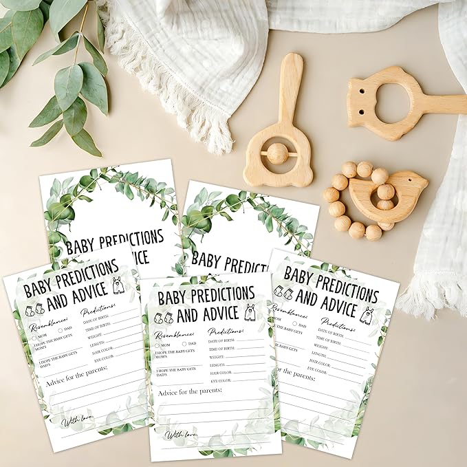 Greenery Eucalyptus Baby Shower Game Cards, Tropical Jungle Gender Reveal Party Supplies, Neutral Design for Boys Girls, 30 Set Gifts for New Parents (Green010)