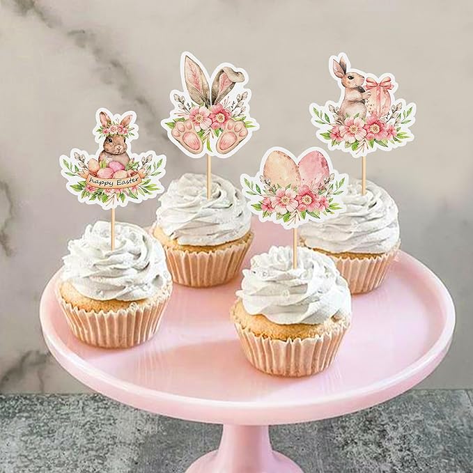 Ercadio 24Pcs Floral Easter Rabbit Bunny Ear Cupcake Toppers Rabbit Egg Happy Easter Cupcake Picks for Easter Day Spring Boys Girls Birthday Baby Shower Party Cake Cupcake Decors Supplies