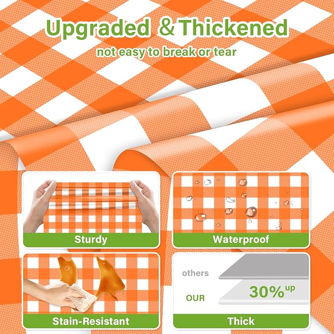 Mulbozy Orange Gingham Tablecloth 4 Pack, 54 x 108 Inch Plastic Table Cloth Disposable, Orange and White Checkered Table Cover for Party Supplies