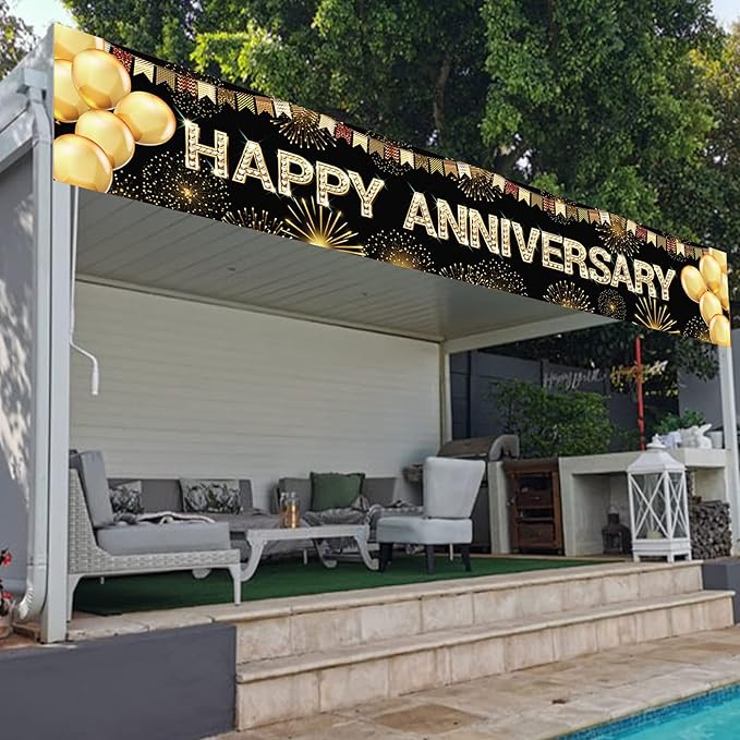 Happy Anniversary Party Backdrop Banner Black Gold Balloons Fireworks Theme Decor for Wedding Anniversary Party Supplies Yard Sign Background Indoor and Outdoor Party Decorations Gift
