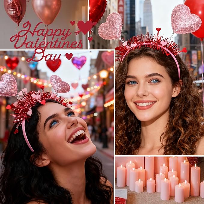 1pcs Valentines Headband Romantic Heart Headbands with Pink Sequin Hair Accessories Shiny Pink Heart Tassel Head Bopper for Valentines Wedding Anniversary Decorations
