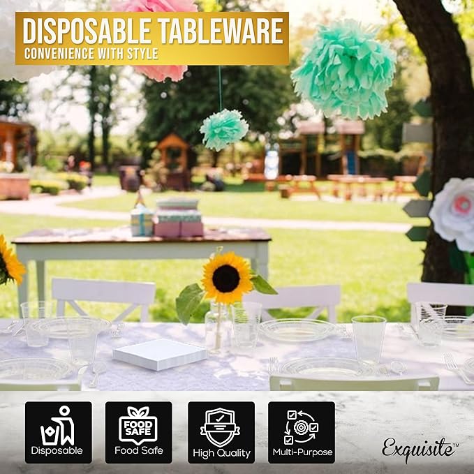 350 Pcs Clear Plastic Plates For Party, Clear Disposable Plates Set, 50 Of Each 9" Dinner Plate Set, 7" Dessert Plate, Cups, Napkins & Cutlery Plastic Dinnerware Set Exquisite