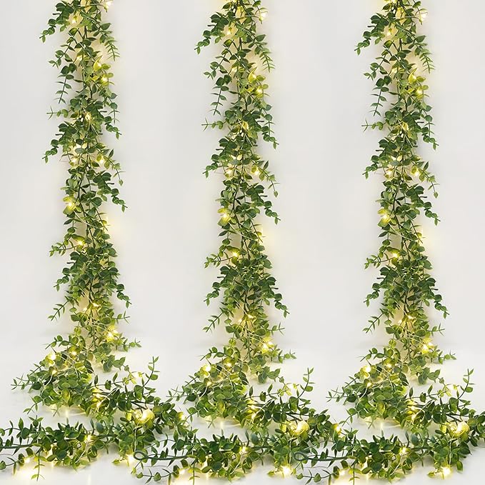Dolicer 3 Packs Eucalyptus Garland with LED Lights String, 18FT Faux Eucalyptus Greenery Garland, Artificial Hanging Green Eucalyptus Leaves Vine Wedding Backdrop Arch Wall Table Decor (Grey Green)