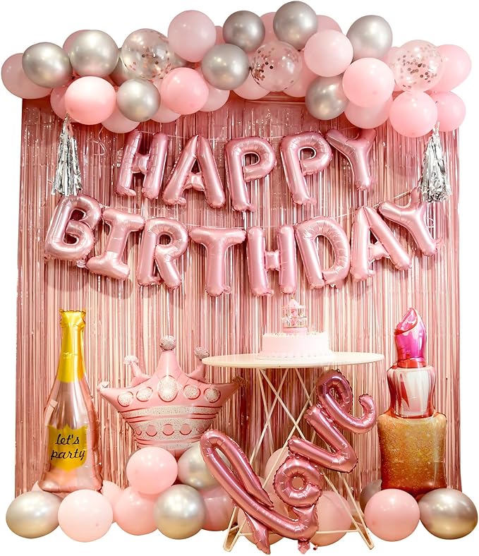 pink birthday decorations for women ，happy birthday party decorations for girls，pink Fringe Curtain，happy birthday banner，happy birthday balloons，happy birthday balloon letters